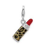 Sterling Silver Lipstick Charm with Red Enamel and Leopard Print, 3D Pendant with Lobster Clasp
