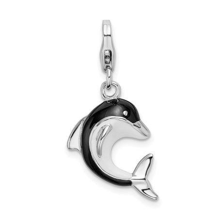Sterling Silver Dolphin Pendant with Black Enamel, Nautical Marine Charm