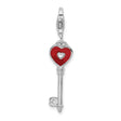 Sterling Silver Key Charm with Red Heart Top and Heart Cutout, Romantic Pendant for Women