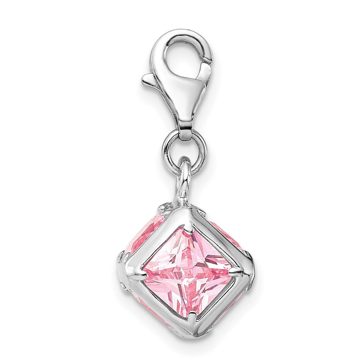 Sterling Silver Cube Charm Pendant with Pink Princess Cut Cubic Zirconia