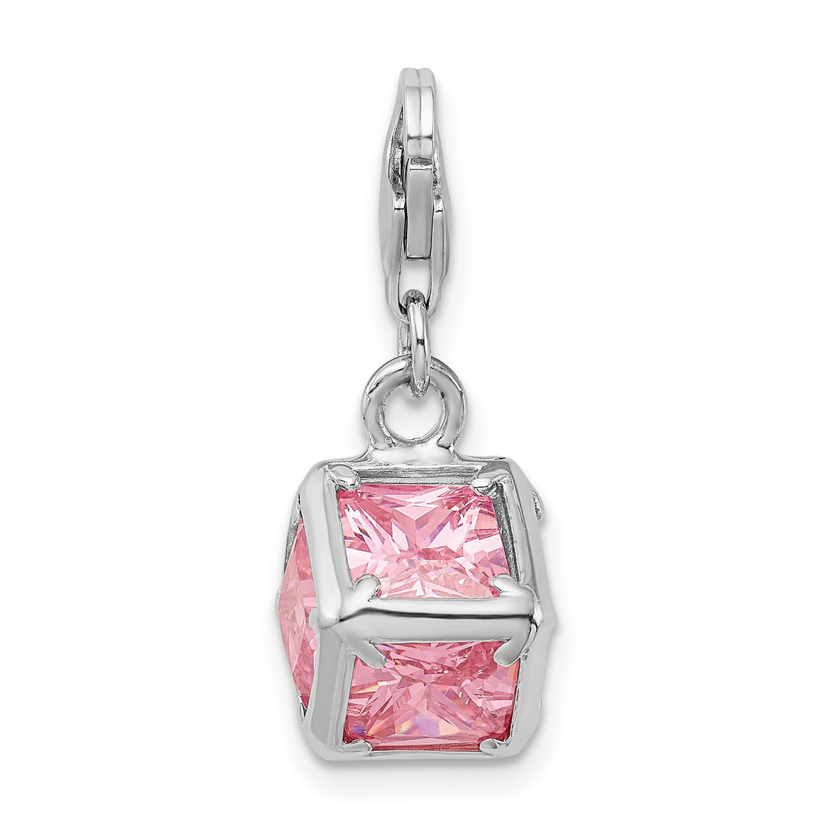 Sterling Silver Cube Charm Pendant with Pink Princess Cut Cubic Zirconia
