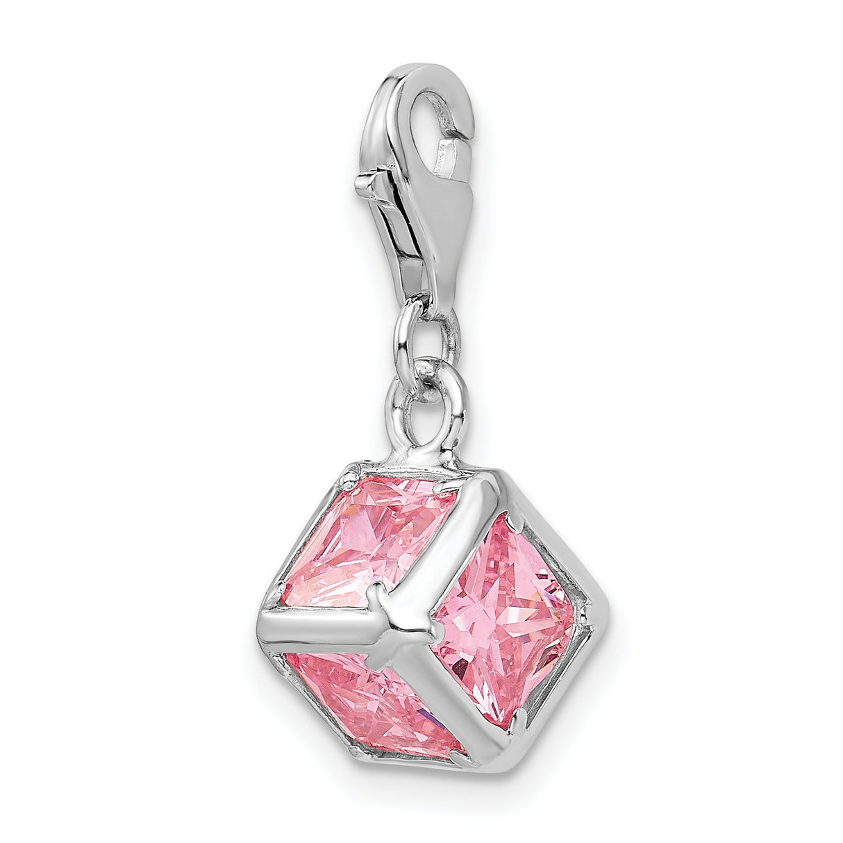 Sterling Silver Cube Charm Pendant with Pink Princess Cut Cubic Zirconia