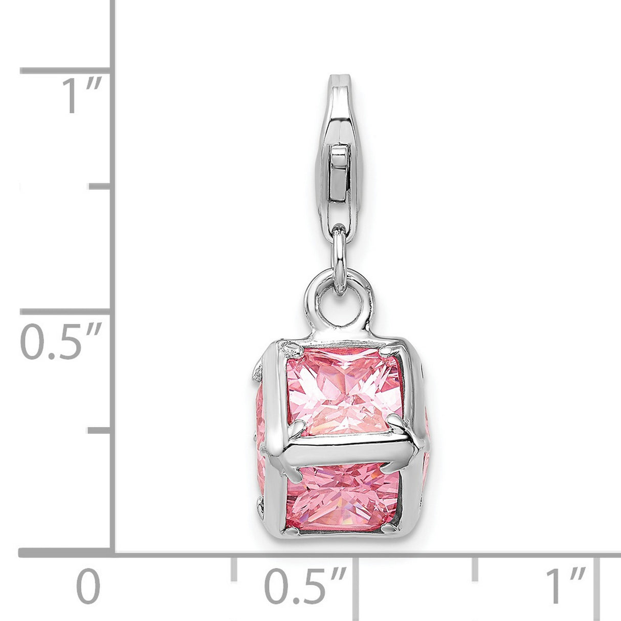 Sterling Silver Cube Charm Pendant with Pink Princess Cut Cubic Zirconia