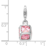 Sterling Silver Cube Charm Pendant with Pink Princess Cut Cubic Zirconia