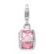 Sterling Silver Cube Charm Pendant with Pink Princess Cut Cubic Zirconia