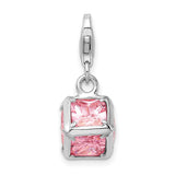 Sterling Silver Cube Charm Pendant with Pink Princess Cut Cubic Zirconia
