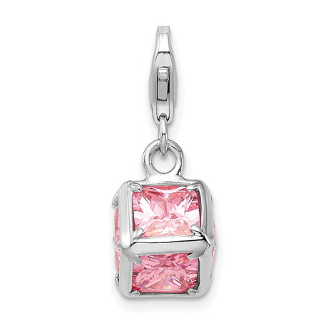 Sterling Silver Cube Charm Pendant with Pink Princess Cut Cubic Zirconia