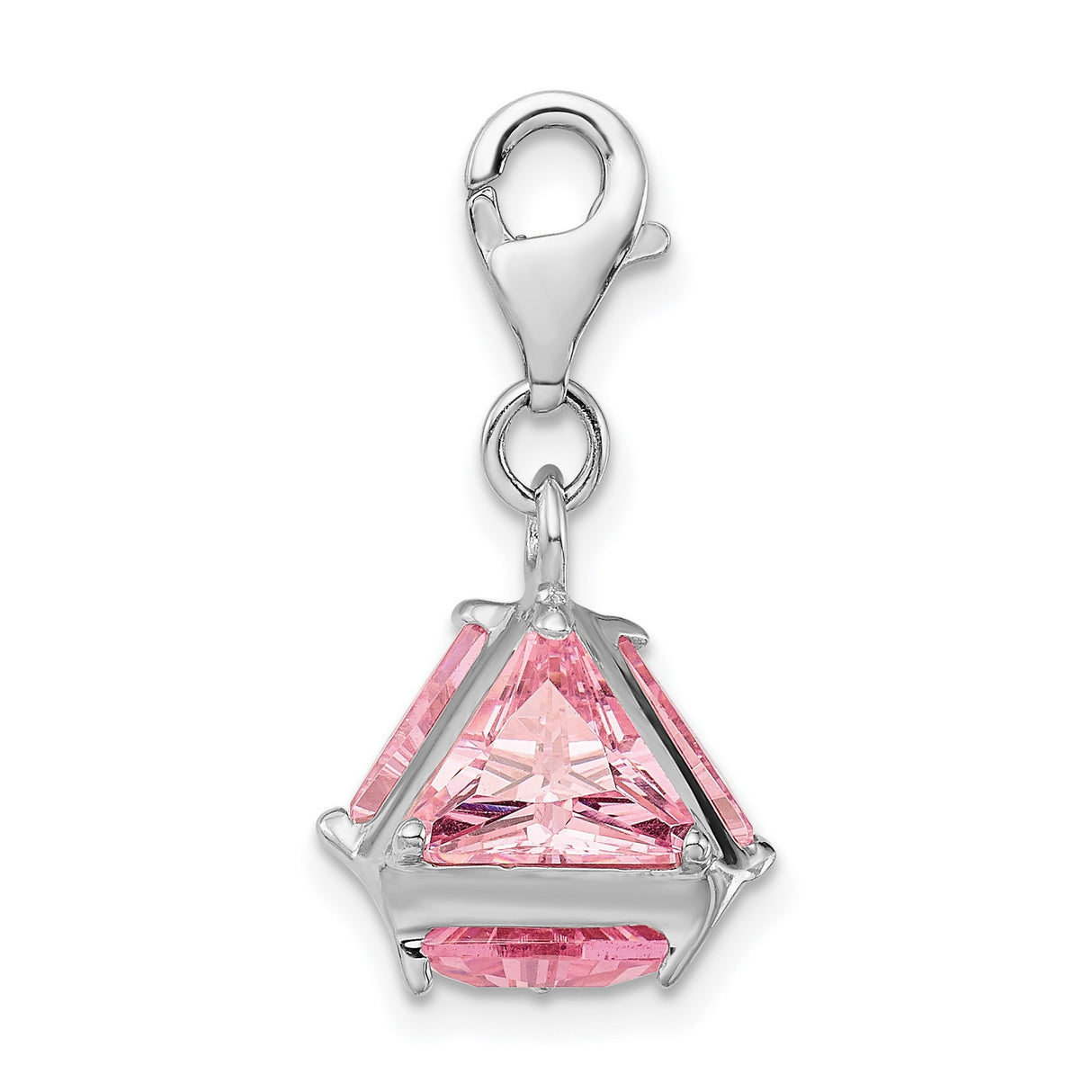 Sterling Silver Dangle Charm with Triangular Pink Cubic Zirconia, Geometric Pendant Design