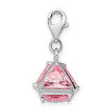 Sterling Silver Dangle Charm with Triangular Pink Cubic Zirconia, Geometric Pendant Design