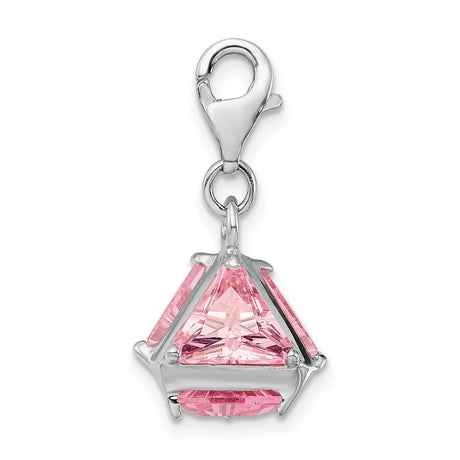 Sterling Silver Dangle Charm with Triangular Pink Cubic Zirconia, Geometric Pendant Design