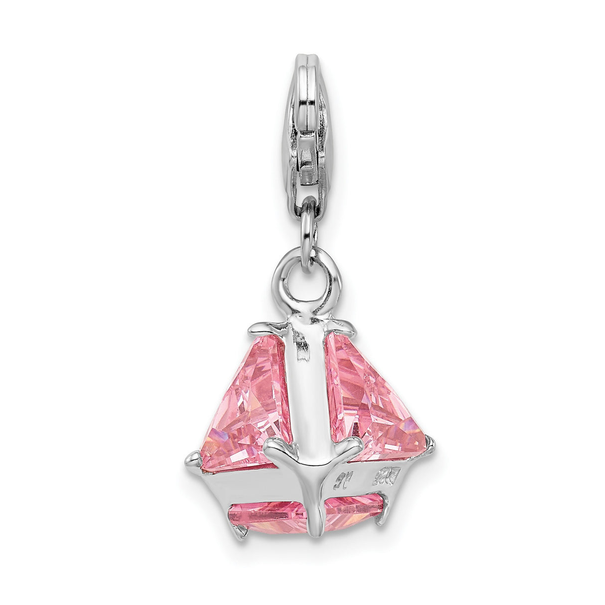 Sterling Silver Dangle Charm with Triangular Pink Cubic Zirconia, Geometric Pendant Design