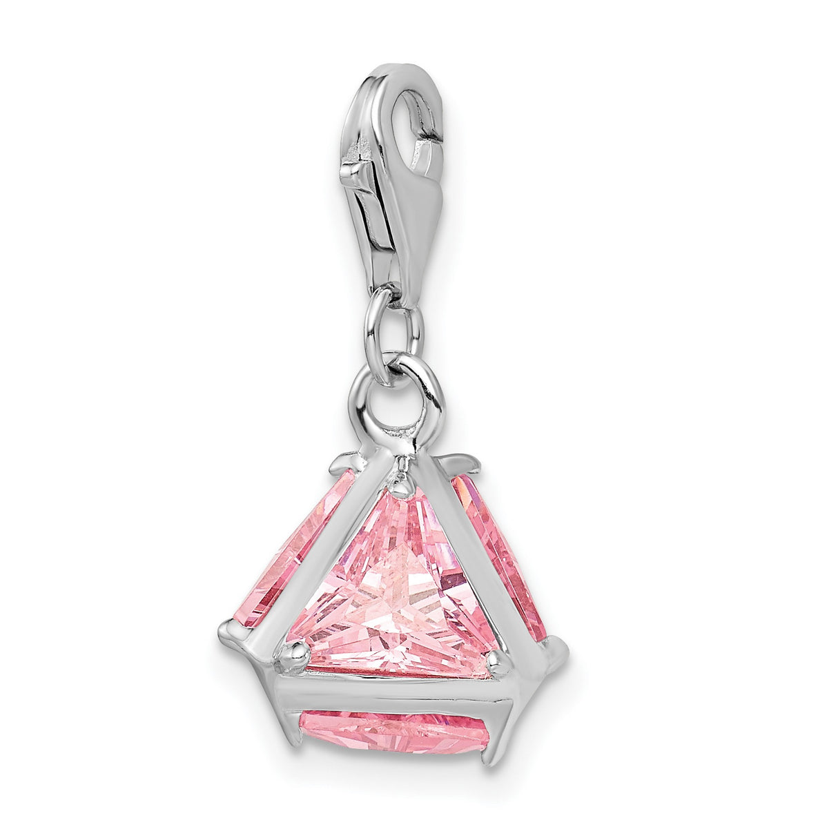 Sterling Silver Dangle Charm with Triangular Pink Cubic Zirconia, Geometric Pendant Design