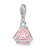 Sterling Silver Dangle Charm with Triangular Pink Cubic Zirconia, Geometric Pendant Design