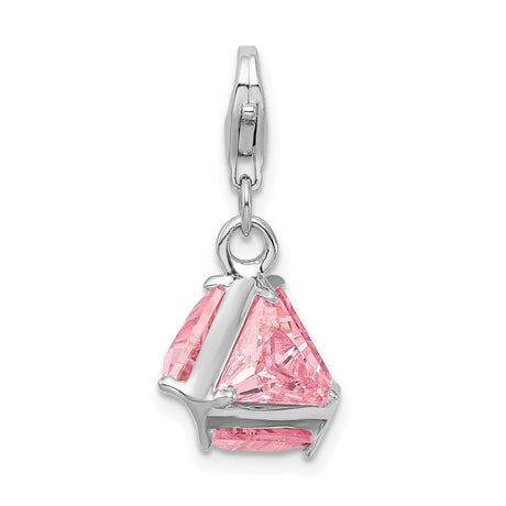 Sterling Silver Dangle Charm with Triangular Pink Cubic Zirconia, Geometric Pendant Design