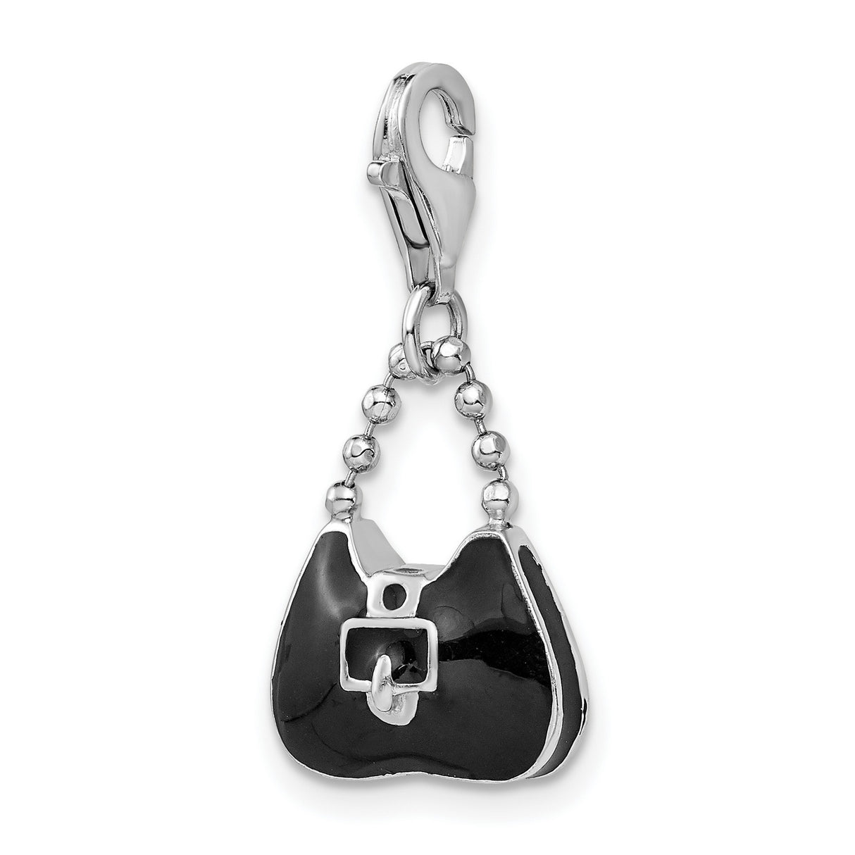 3-D Black Purse Clip-On Charm Pendant in Real 925 Sterling Silver