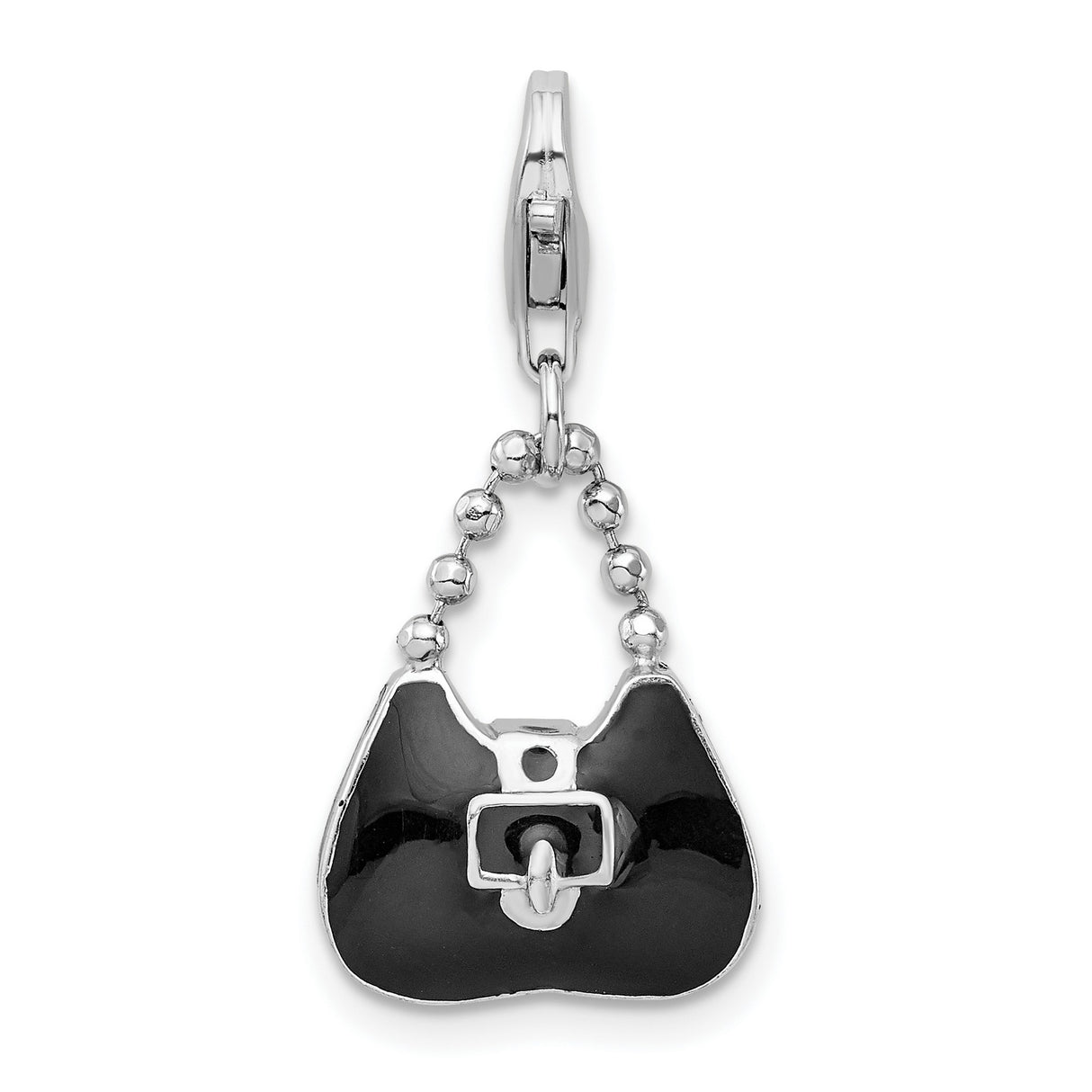 3-D Black Purse Clip-On Charm Pendant in Real 925 Sterling Silver