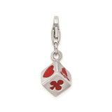 Sterling Silver Dice Charm Pendant with Red Enamel and Card Suit Symbols