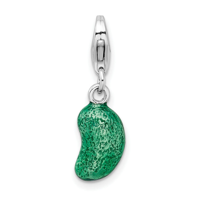 3-D Green Bean Clip-On Charm Pendant in Real 925 Sterling Silver