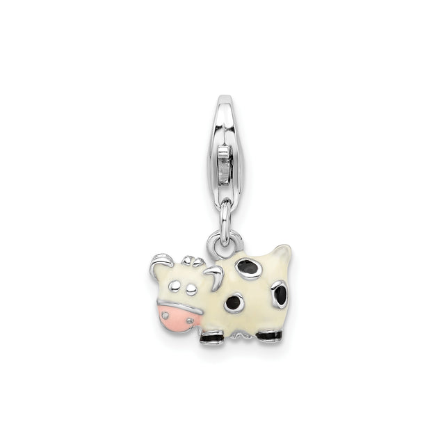 Sterling Silver Cow Charm with Lobster Clasp, Cartoon Style Farm Animal Jewelry