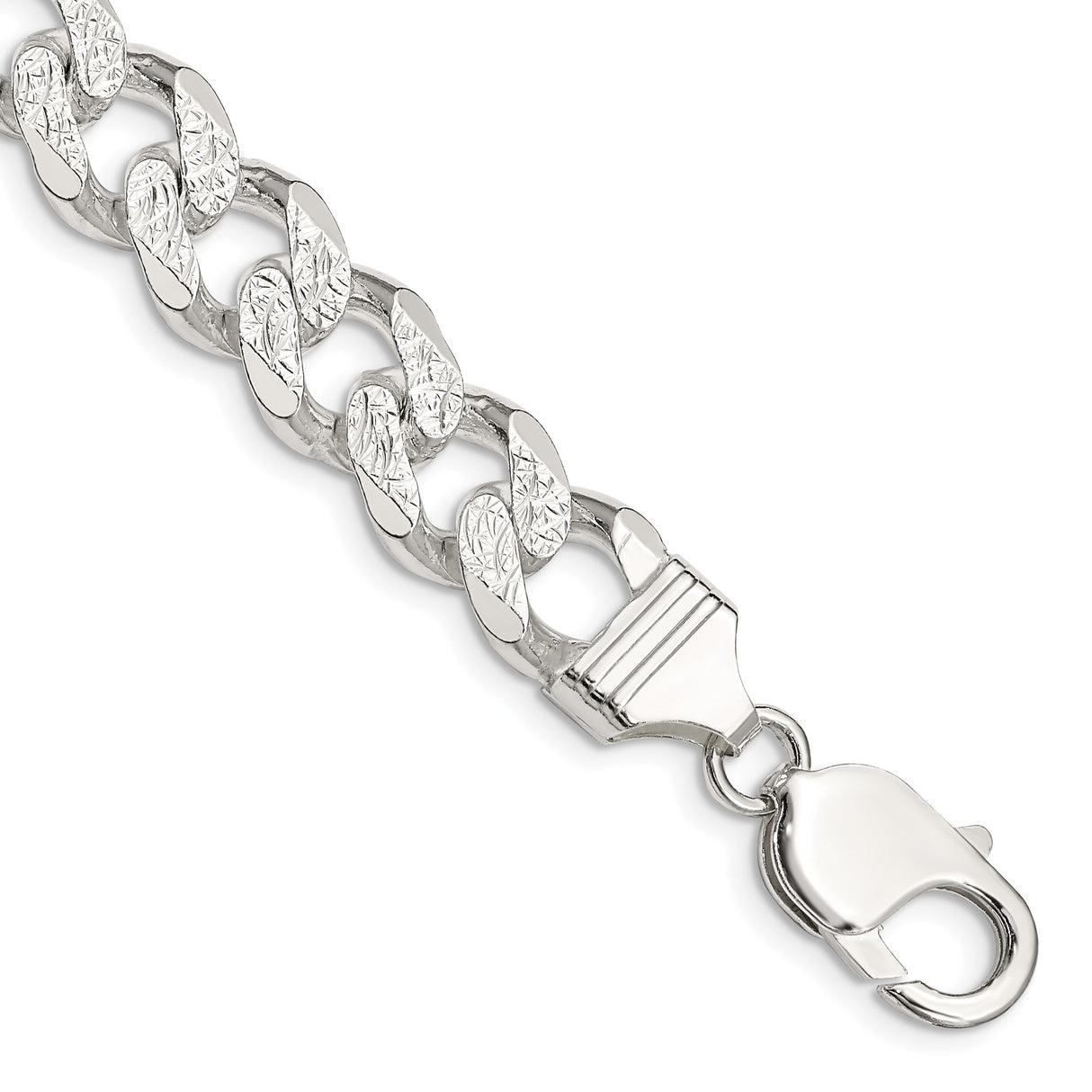 925 White Gold 11 mm Curb Chain Bracelet, Polished shown for scale