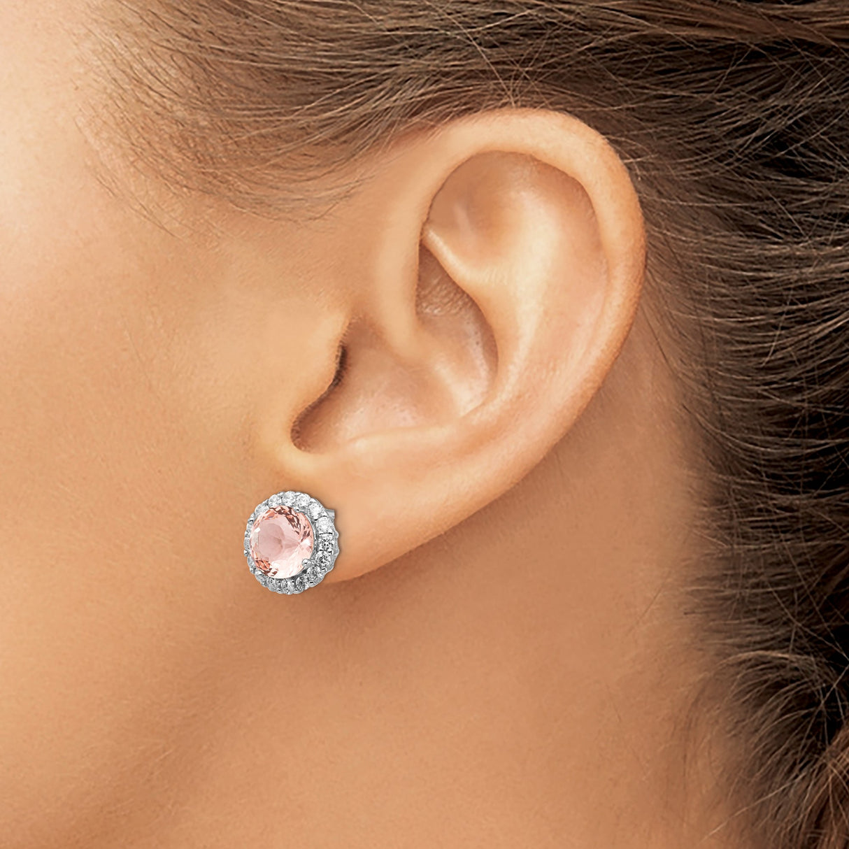 Sterling Silver Stud Earrings with Morganite and Cubic Zirconia Halo Design