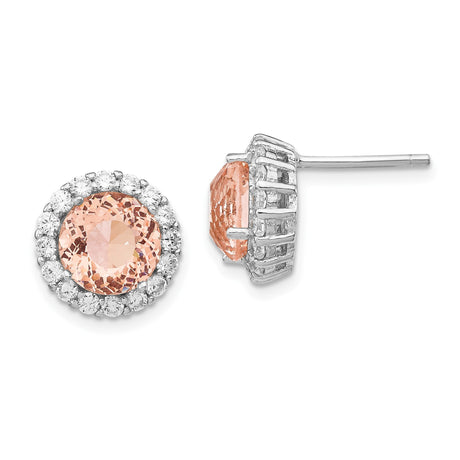 Sterling Silver Stud Earrings with Morganite and Cubic Zirconia Halo Design