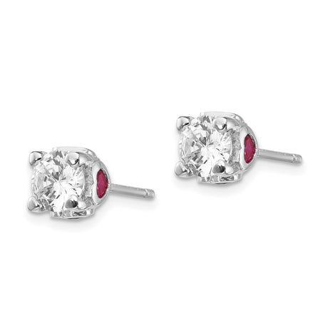 Sterling Silver Stud Earrings with Cubic Zirconia and Lab Created Ruby Heart Accents