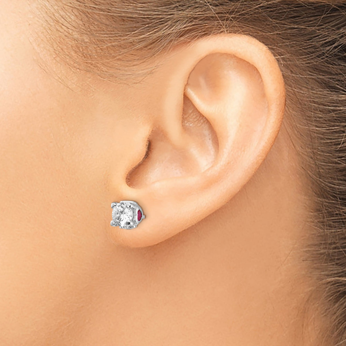 Sterling Silver Stud Earrings with Cubic Zirconia and Lab Created Ruby Heart Accents