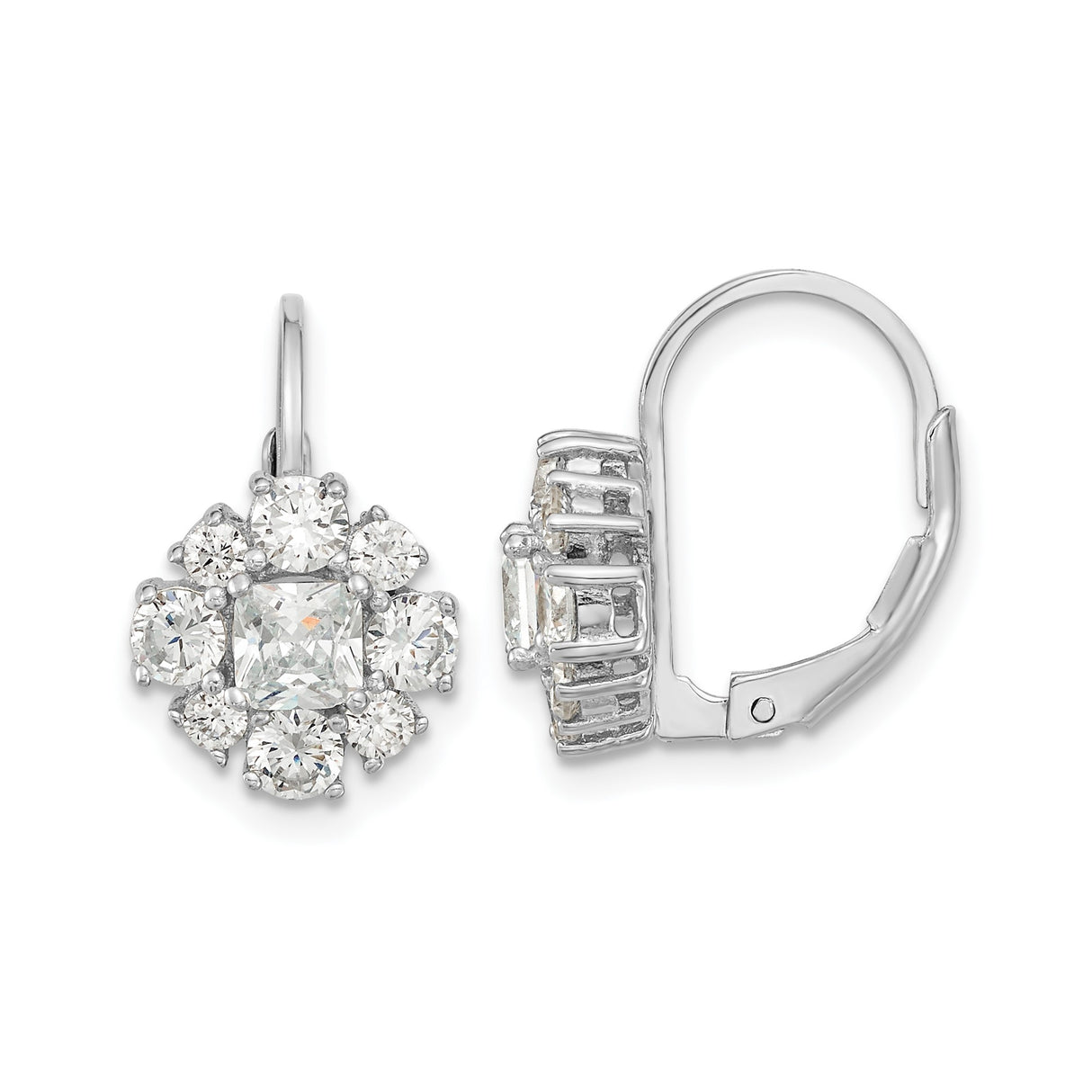 Sterling Silver Leverback Earrings with Princess Cut Cubic Zirconia Floral Cluster Design