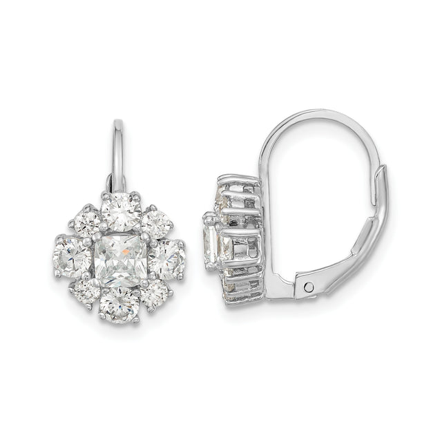 Sterling Silver Leverback Earrings with Princess Cut Cubic Zirconia Floral Cluster Design