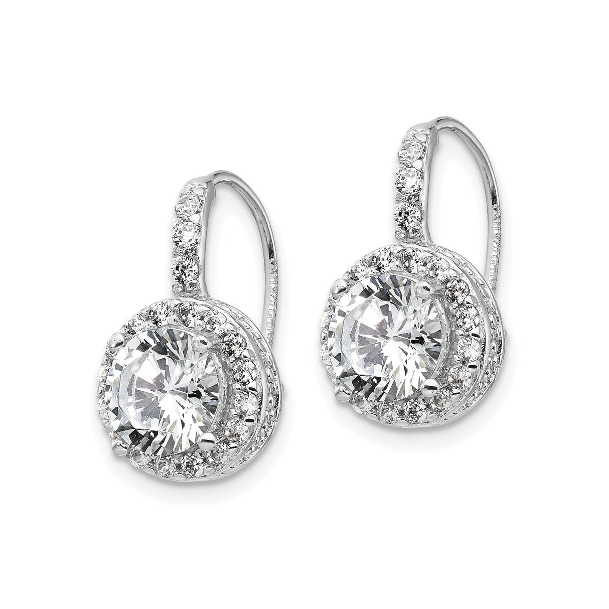 Sterling Silver Drop Earrings with Round Cubic Zirconia Center and Halo Accent Stones