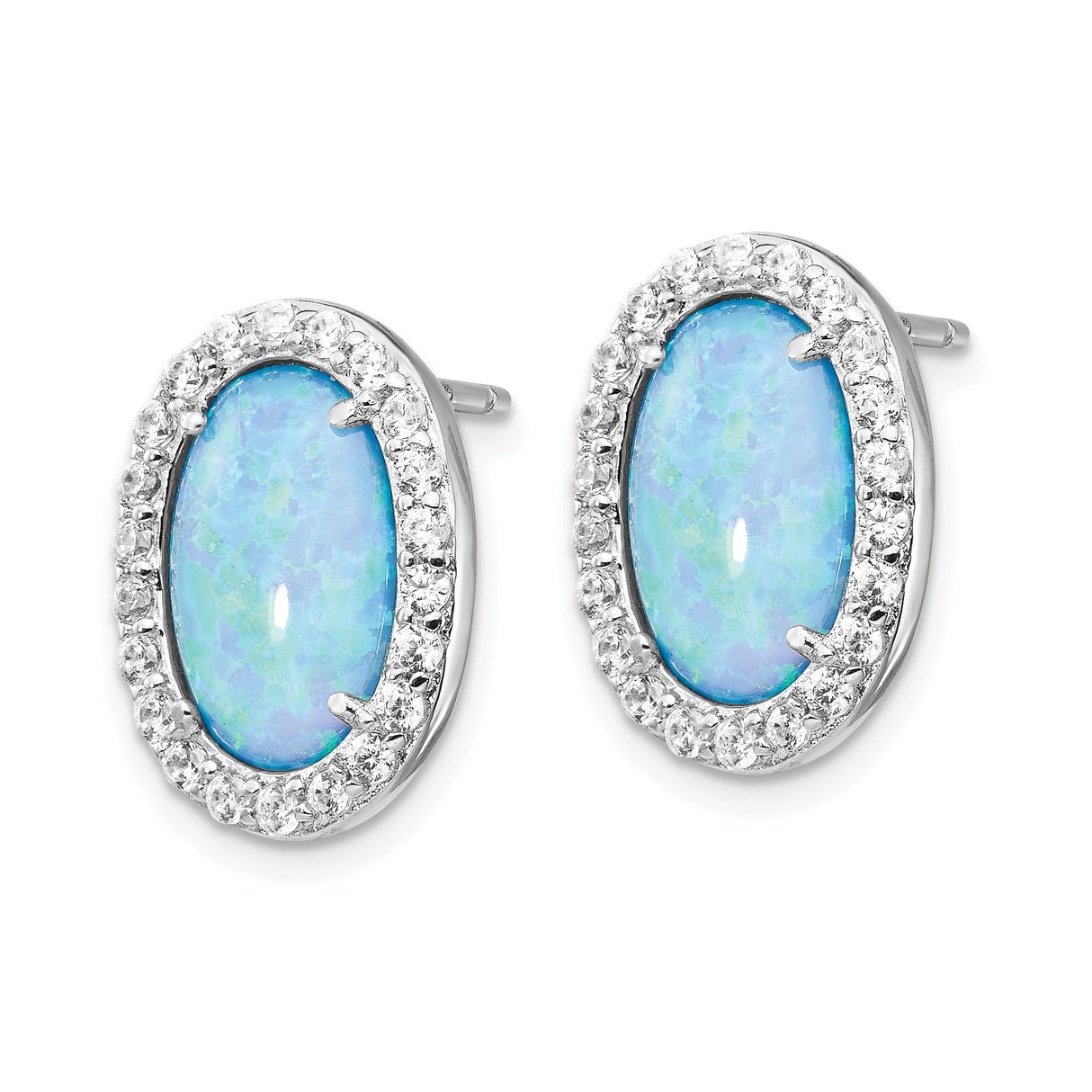 Sterling Silver Opal Stud Earrings with Blue Created Opal and Cubic Zirconia Halo