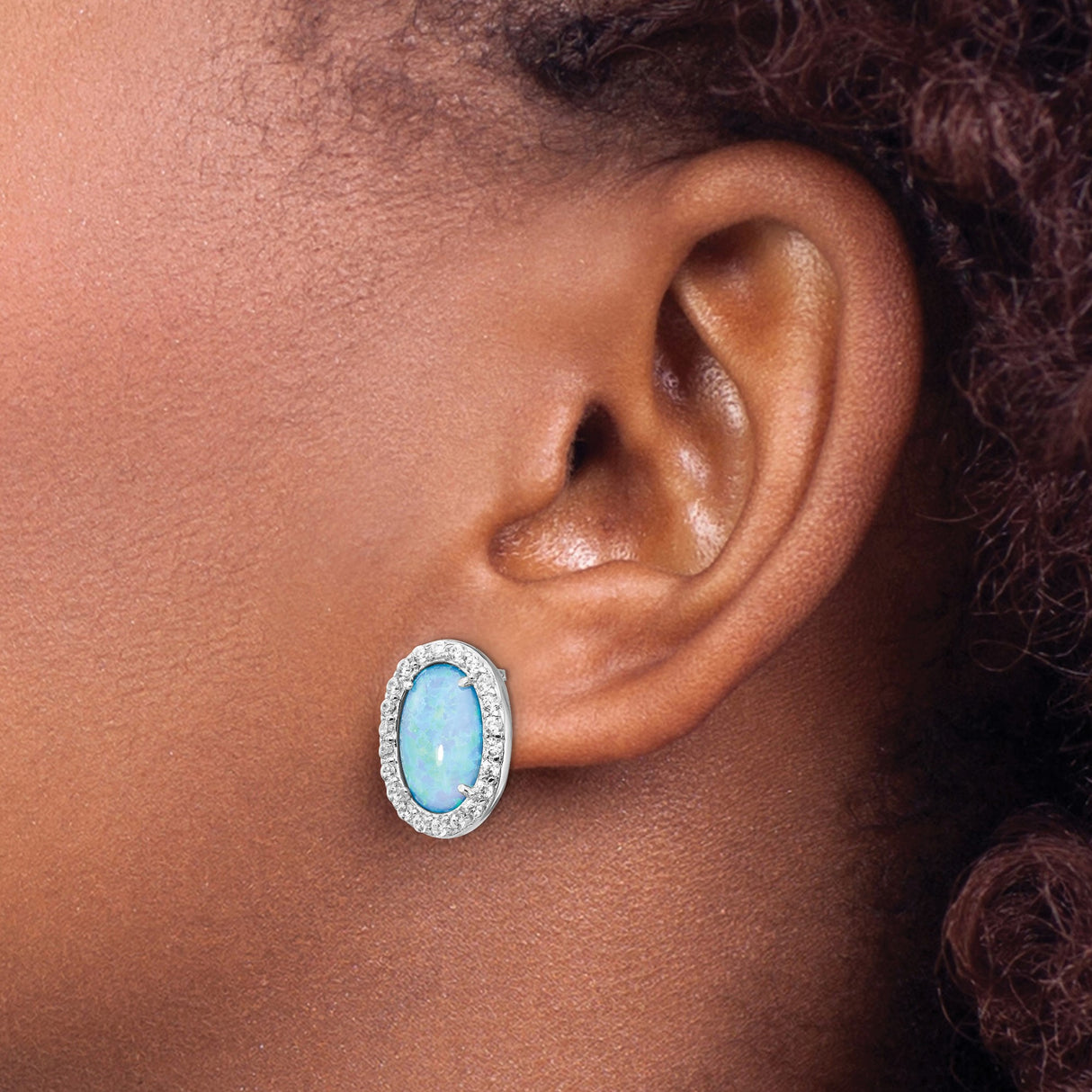 Sterling Silver Opal Stud Earrings with Blue Created Opal and Cubic Zirconia Halo