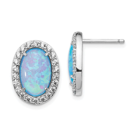 Sterling Silver Opal Stud Earrings with Blue Created Opal and Cubic Zirconia Halo