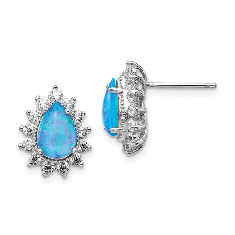 Sterling Silver Teardrop Blue Opal Stud Earrings for Women with Halo Cubic Zirconia Stones, Floral Design Non-Dangle Formal Bridal Evening Earrings, Elegant Silver Opal Jewelry Studs