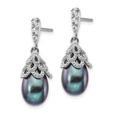 Sterling Silver Drop Earrings with Black Freshwater Pearls and Cubic Zirconia, Vintage Filigree Style