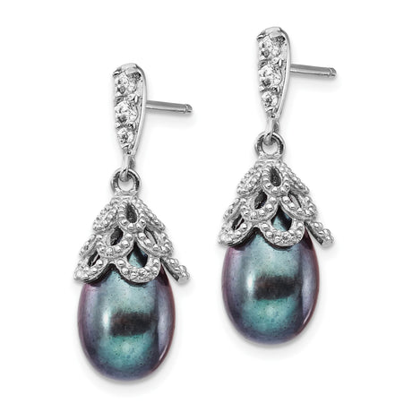 Sterling Silver Drop Earrings with Black Freshwater Pearls and Cubic Zirconia, Vintage Filigree Style