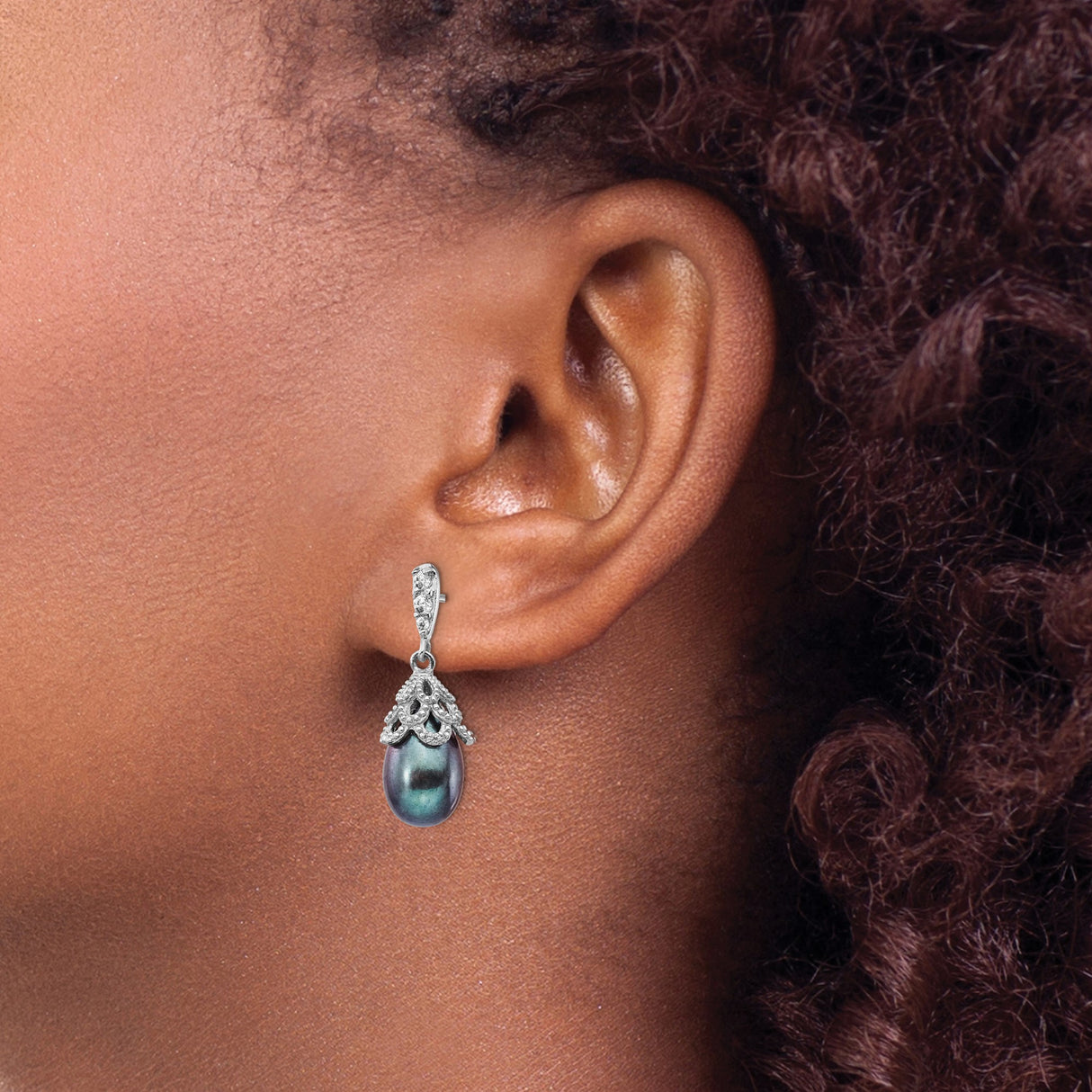 Sterling Silver Drop Earrings with Black Freshwater Pearls and Cubic Zirconia, Vintage Filigree Style