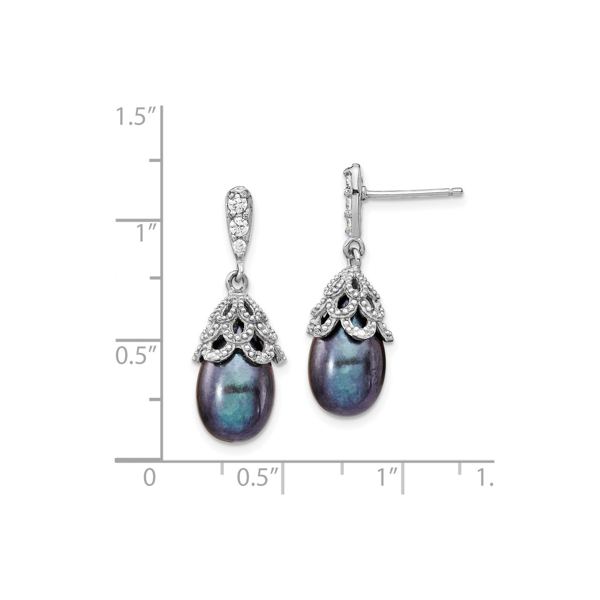 Sterling Silver Drop Earrings with Black Freshwater Pearls and Cubic Zirconia, Vintage Filigree Style