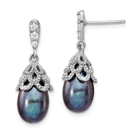 Sterling Silver Drop Earrings with Black Freshwater Pearls and Cubic Zirconia, Vintage Filigree Style