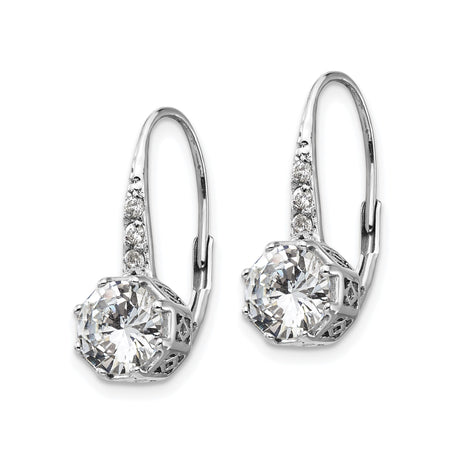 Sterling Silver Leverback Drop Earrings with Octagonal Cubic Zirconia and Filigree Detail