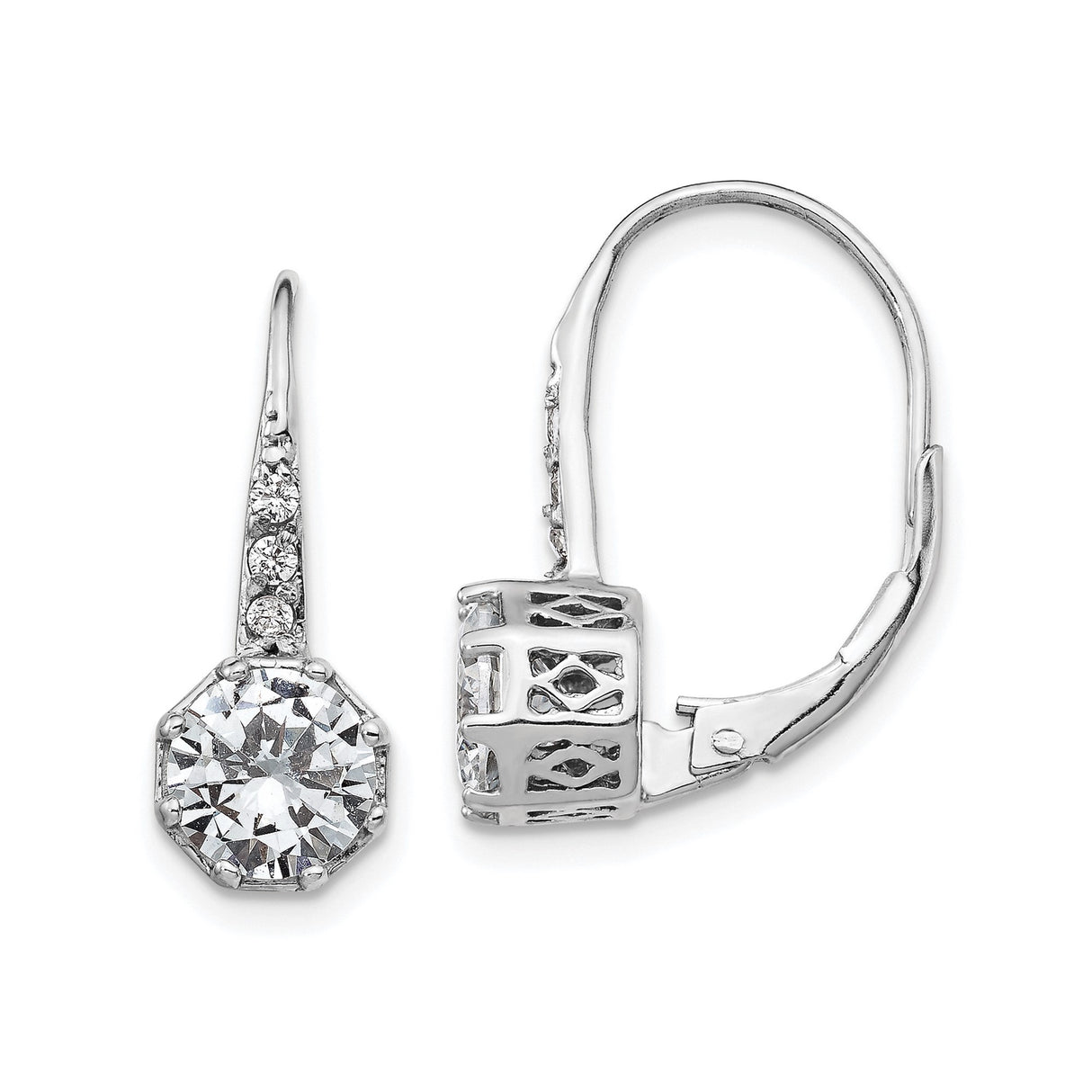 Sterling Silver Leverback Drop Earrings with Octagonal Cubic Zirconia and Filigree Detail
