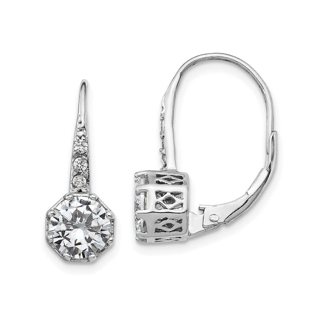 Sterling Silver Leverback Drop Earrings with Octagonal Cubic Zirconia and Filigree Detail