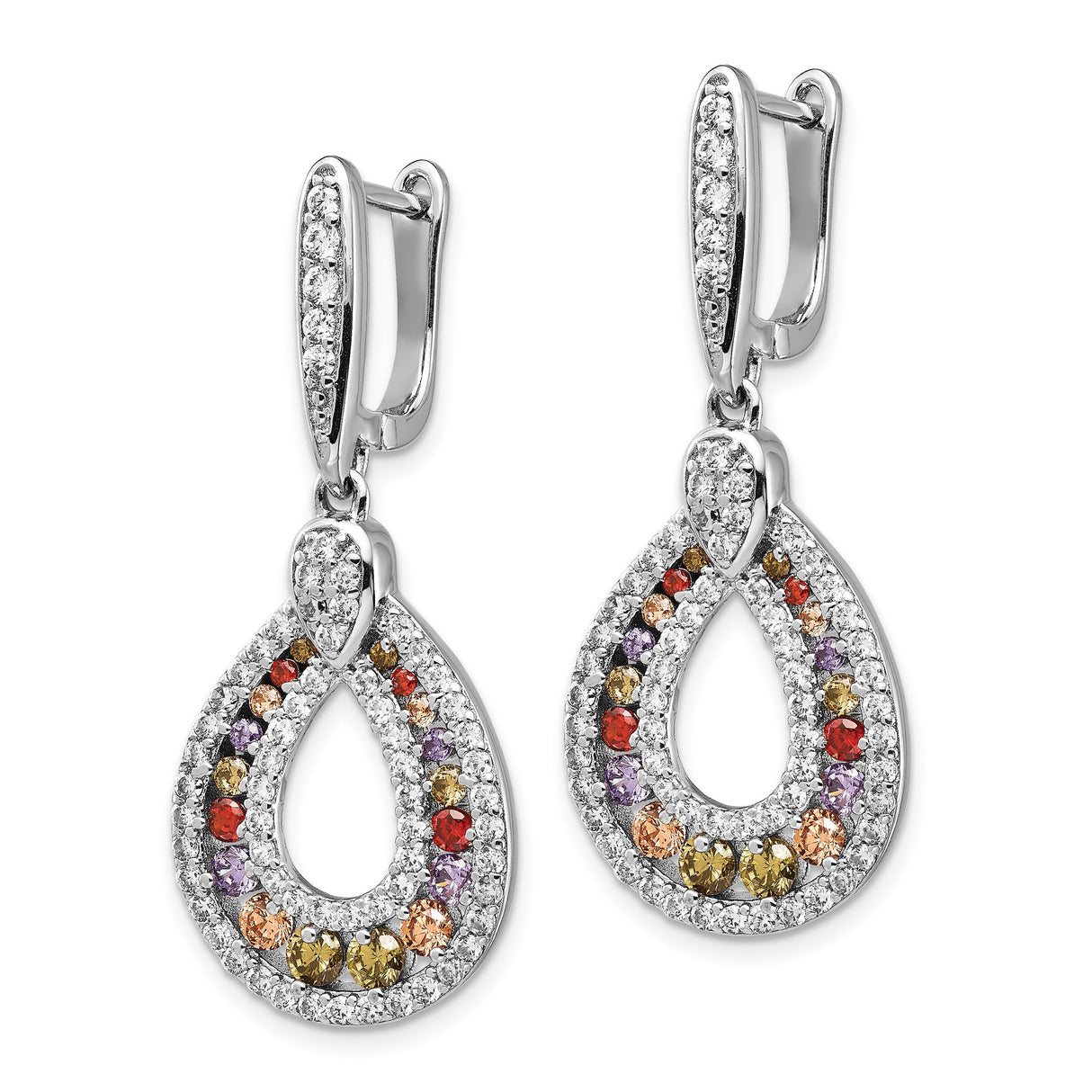 Sterling Silver Dangle Earrings with Multicolor Gemstones and Cubic Zirconia Teardrop Design