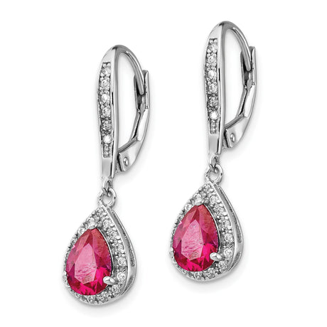 Sterling Silver Drop Earrings with Lab Created Ruby and Cubic Zirconia in Halo Setting