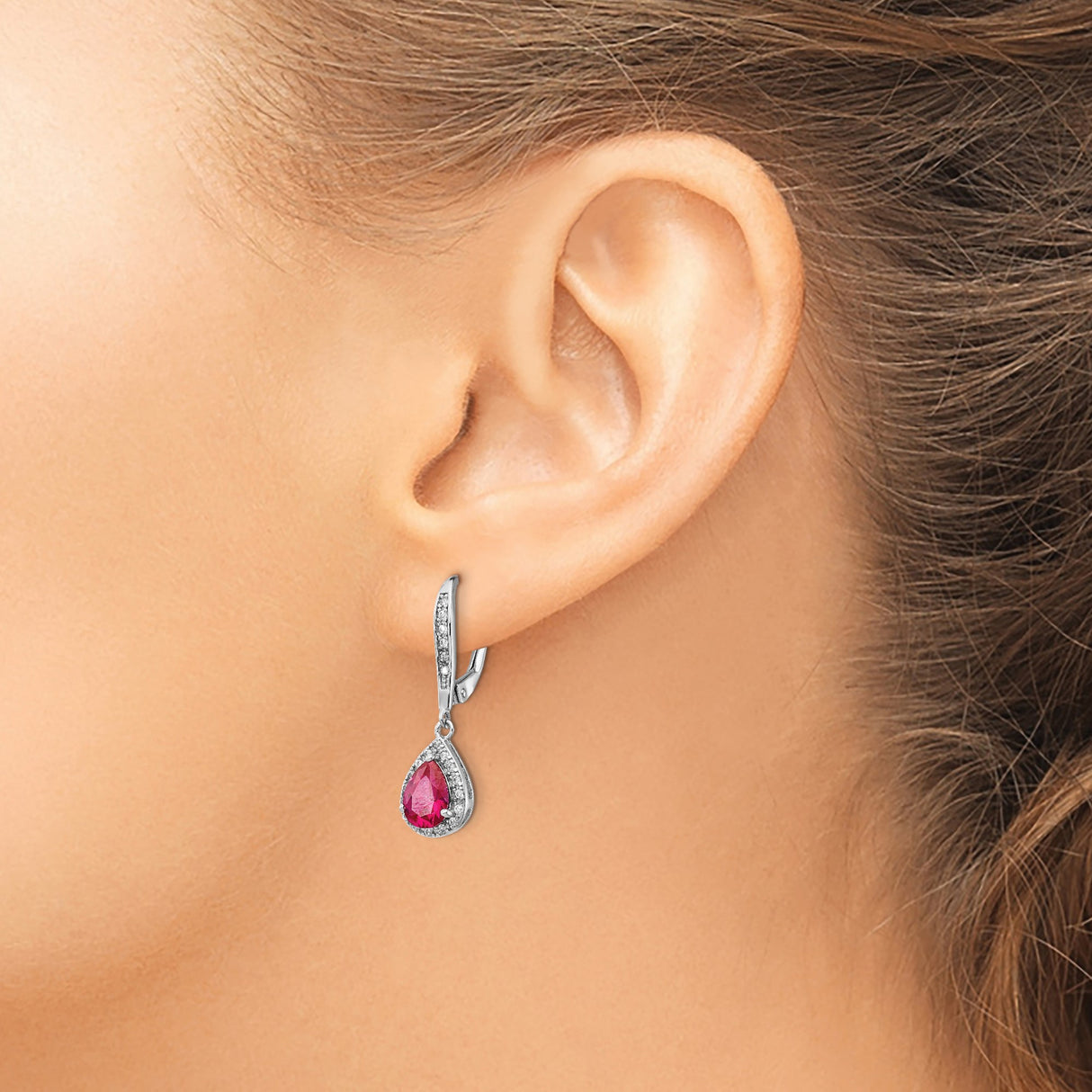 Sterling Silver Drop Earrings with Lab Created Ruby and Cubic Zirconia in Halo Setting