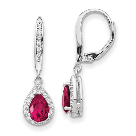 Sterling Silver Drop Earrings with Lab Created Ruby and Cubic Zirconia in Halo Setting
