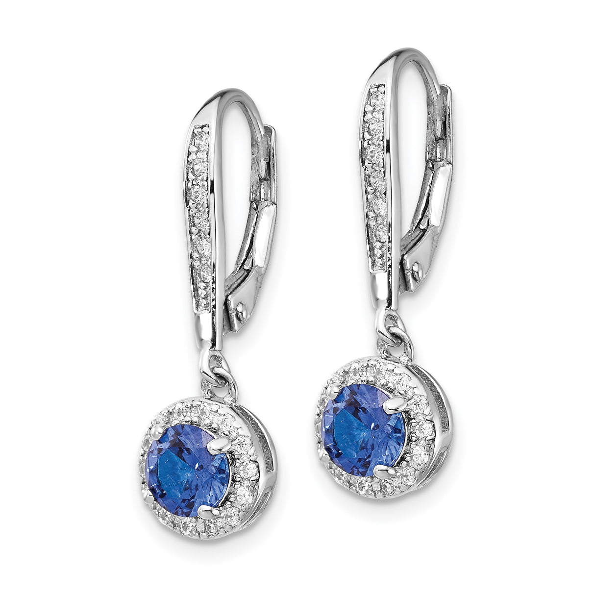 Sterling Silver Dangle Earrings with Blue Spinel and Cubic Zirconia Halo Drop Design