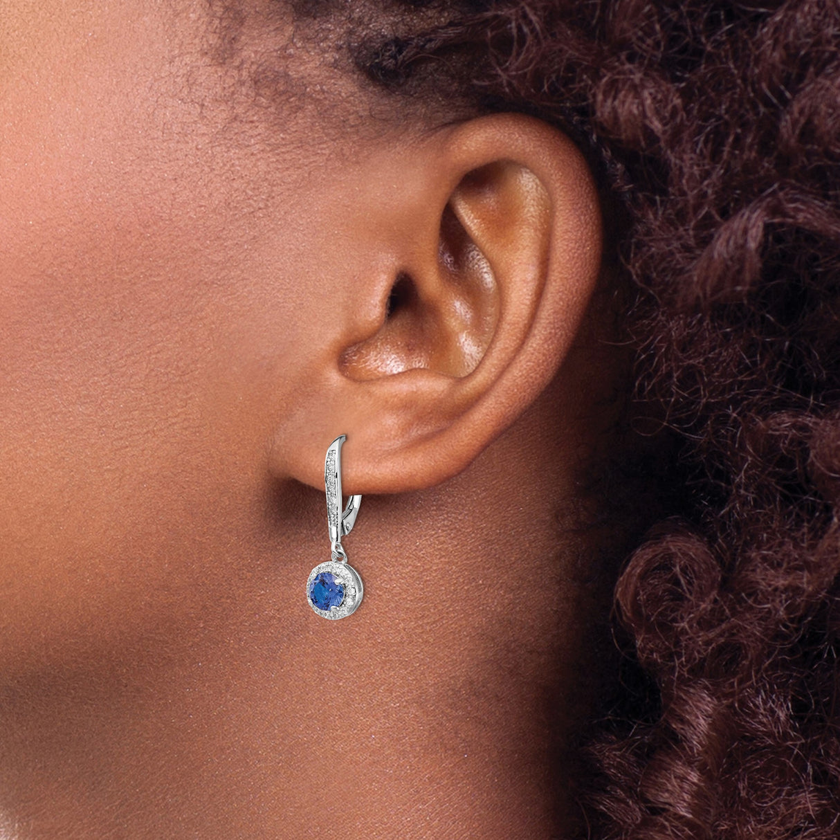 Sterling Silver Dangle Earrings with Blue Spinel and Cubic Zirconia Halo Drop Design