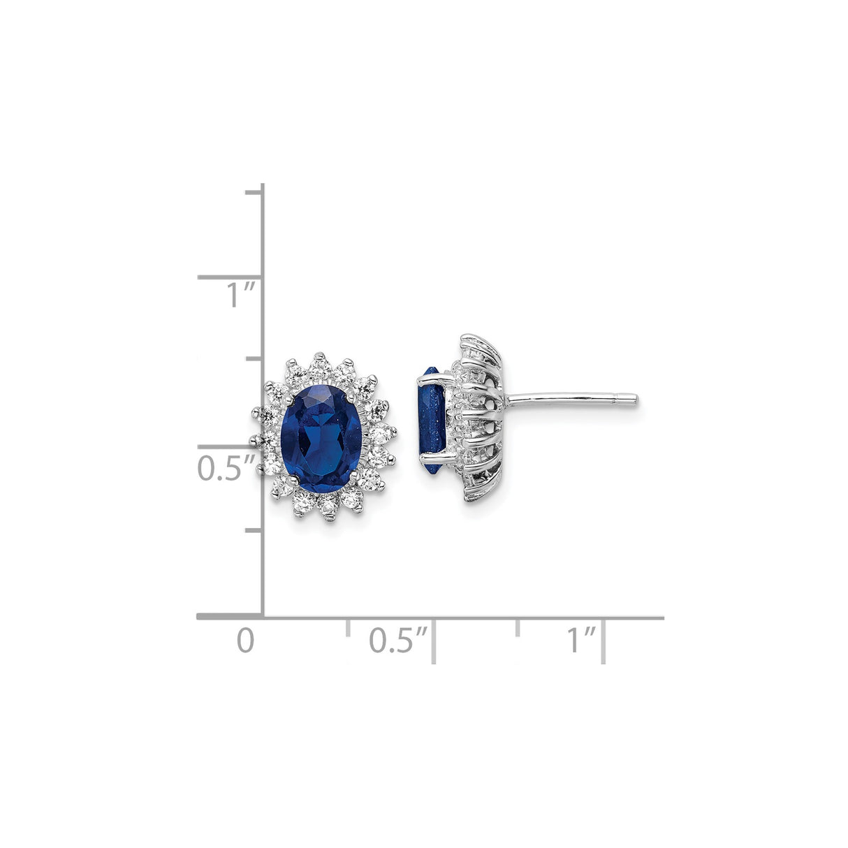Sterling Silver Stud Earrings with Oval Blue Spinel and Cubic Zirconia Halo Cluster